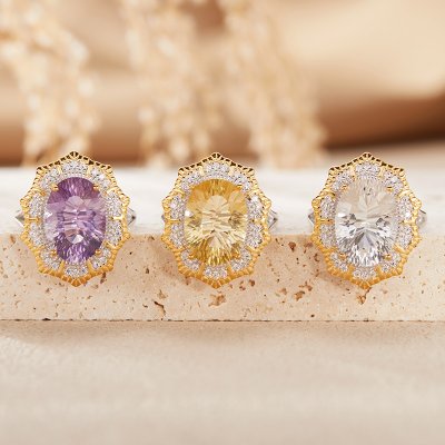 S925 Sterling Silver Ring with Large Natural Amethyst and Citrine Gemstones